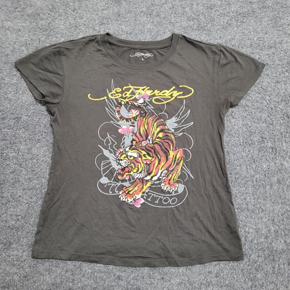 Ed Hardy T-Shirt Womens Size L Gray Tattoo Tiger Graphic Print Short Sleeve Top
